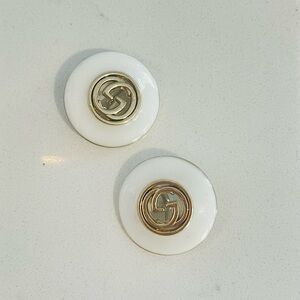 Luxury White/Gold Signature Logo Repurposed Button Earrings 23mm